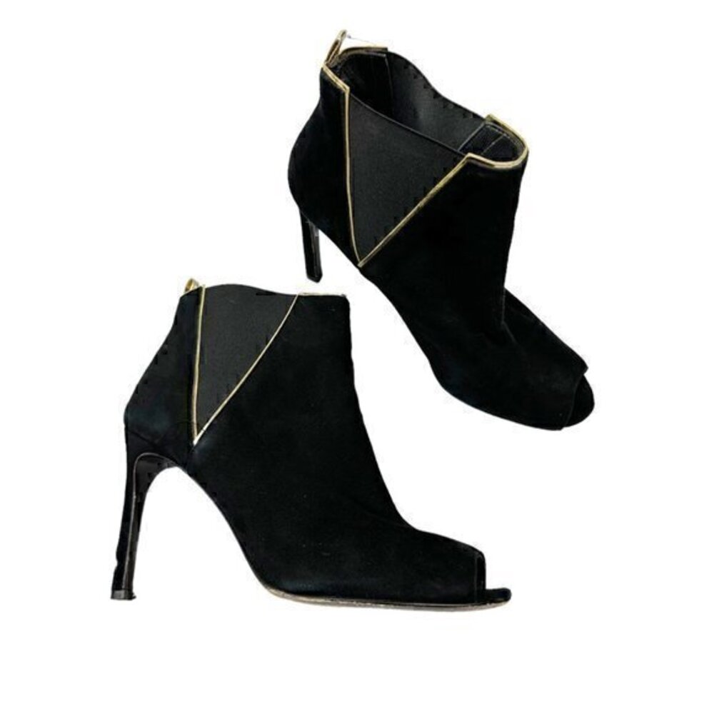 Stuart‎ Weitzman Griff Leather Trim Suede Ankle Boots Heels Black Gold Size 7.5
